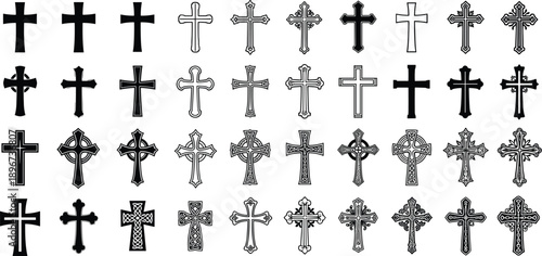 Collection of Christian Cross Silhouette Vector Illustration Set, Different Religious Crucifix Styles Including Celtic Gothic and Decorative Ornament Shapes for Spiritual Church Graphic Design