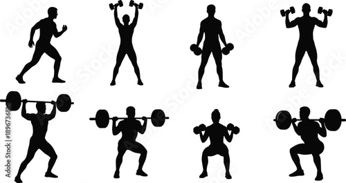 Vector, black, silhouettes, of, men, and, women, weightlifting, with, dumbbells, and, barbells, performing, squats, and, lunges, for, fitness, gym, bodybuilding, and, strength, training, graphics