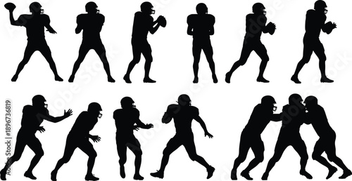 Vector, black, silhouettes, of, American, football, players, in, action, including, quarterback, throwing, and, linemen, blocking, for, sports, team, competition, and, athletic, training, graphics