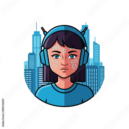 A girl with headphones and cityscape