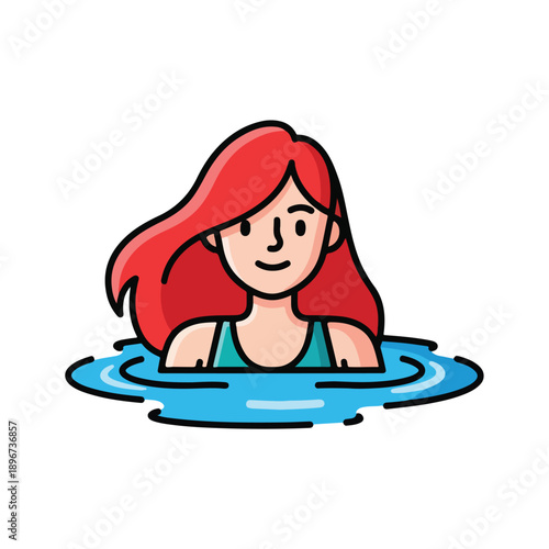 A girl with long red hair in water