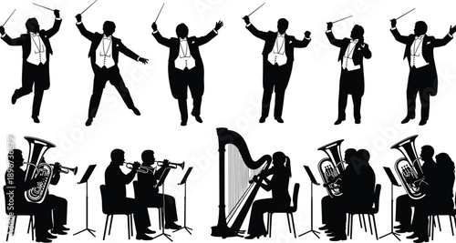 Vector, black, silhouettes, of, orchestra, conductors, with, batons, and, musicians, playing, tuba, trumpet, and, harp, for, classical, music, performance, symphony, and, concert, graphics