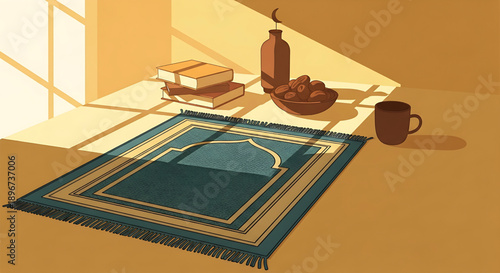 Ramadan prayer rug bathed in sunlight with dates, books, and a mug, embodying peaceful contemplation and spiritual reflection during the holy month