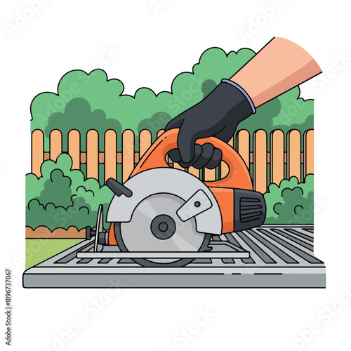 A gloved hand grasps an orange circular saw outdoors