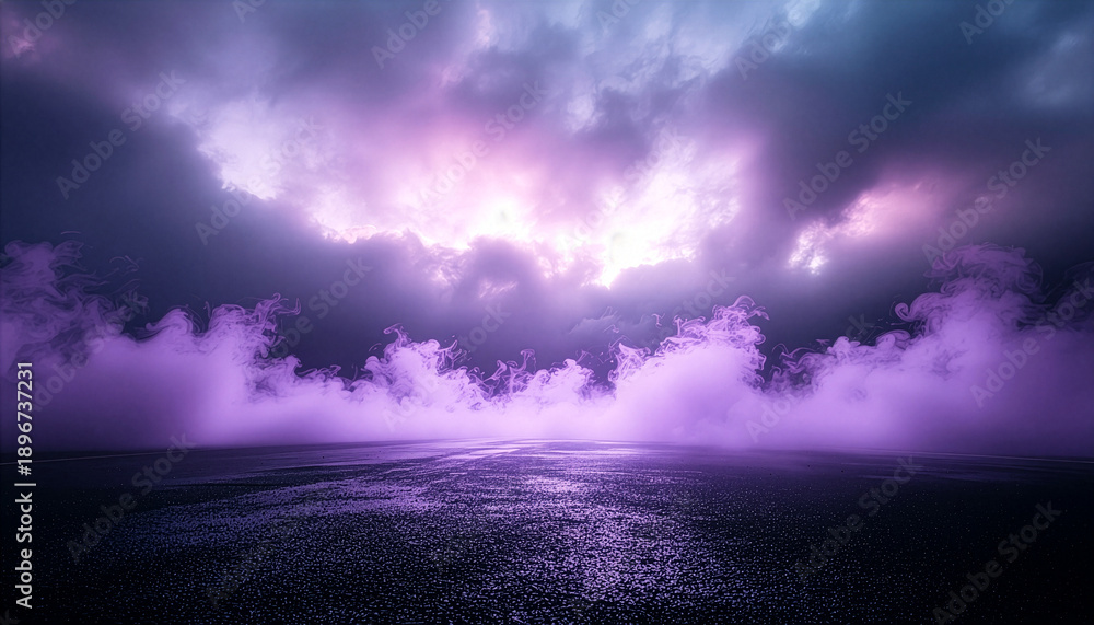 Fototapeta premium Dramatic purple storm clouds and smoke on wet asphalt road, cinematic horror background with light.
