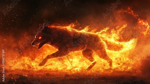 A fiery wolf runs through a blazing inferno at night, viewed from the side