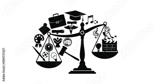 Balancing diverse life pursuits on a symbolic scale, representing education, career, arts, and well-being.