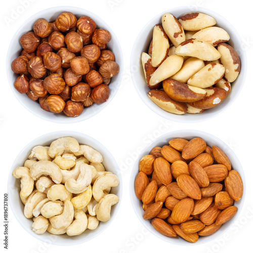 Nuts nut collection from above bowl isolated on white