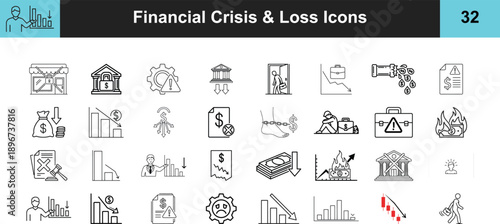 Financial Crisis and Loss Icons Set. Outline Vector Illustration for Business, Economy, and Finance Concepts. Collection of Symbols for Recession, Bankruptcy, and Economic Downturn.
