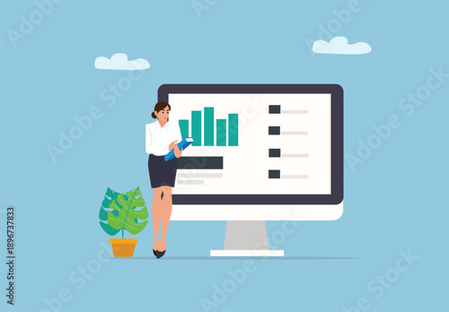 Business Woman Analyzing Data Analytics Dashboard on Computer Screen for Digital Marketing Finance Strategy and Corporate Performance