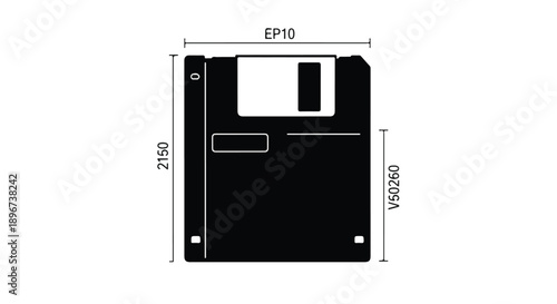 Retro floppy disk with technical dimensions displayed