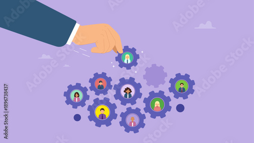 Businessman hand put new employee to fix cogwheel gears. Solution for team, building organization, people management or career development, job position to help success, skill or efficiency.