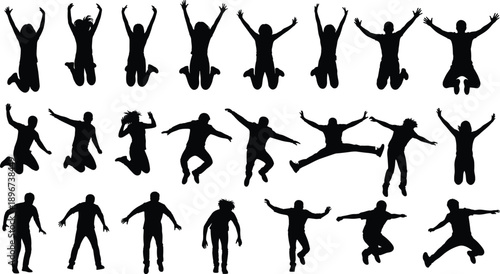 Collection of Happy People Jumping Silhouette Vector Illustration Set, Diverse Group of Men and Women Leaping for Joy Success Freedom and Active Lifestyle Design,