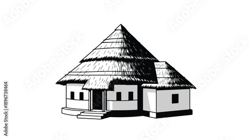 A black and white illustration of a traditional thatched roof house with a central door and steps, set against a plain white background.