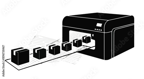 Modern 3D printer creating small boxes on a production line.