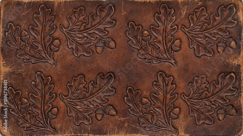 Embossed leather texture pattern with oak leaves and acorns in a repeating design on brown background