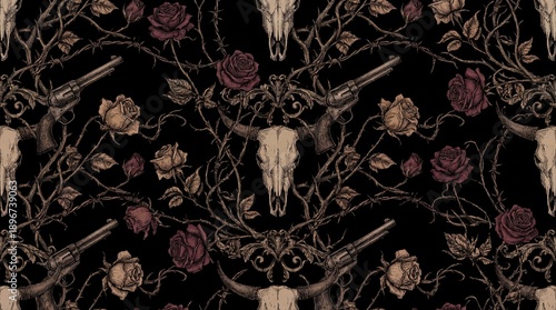 Repeating pattern of cow skulls intertwined with ornate guns and thorny roses on black background forming a seamless design