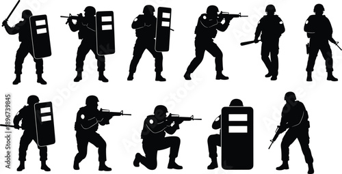 Vector, black, silhouettes, of, tactical, police, officers, and, special, forces, soldiers, with, rifles, batons, and, riot, shields, for, security, defense, and, law, enforcement, graphics