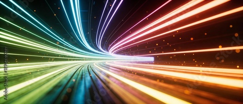 Abstract colorful light trails in a futuristic tunnel, motion blur effect