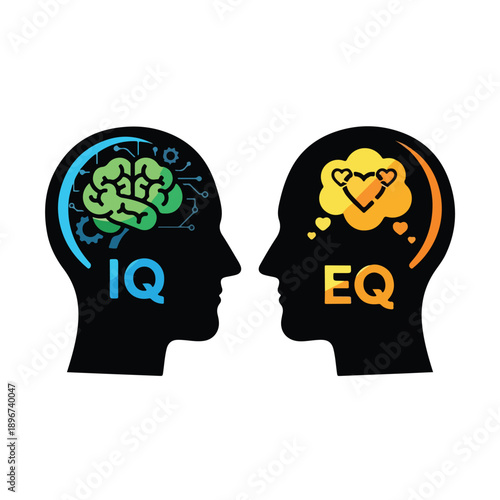 A graphic illustration of two human heads facing each other with symbolic thoughts