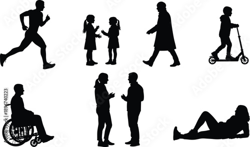 Collection of People Silhouettes Including Runner, Children Talking, Walking Man, Kid on Scooter, Wheelchair User, Couple Conversation, and Relaxing Woman Isolated on White Background