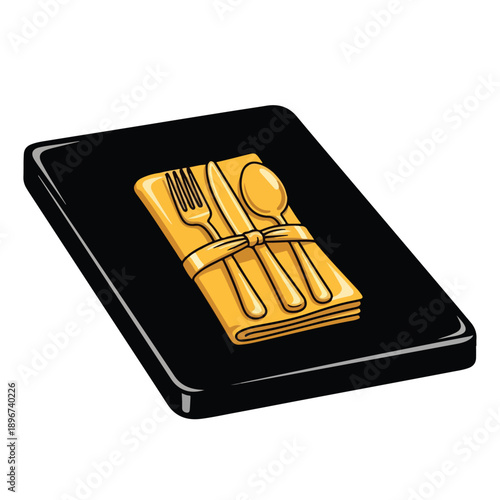 A folded napkin with utensils on black