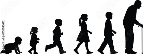 Human life stages silhouette from crawling baby to elderly man walking with cane, black and white illustration representing growth, aging, development, time, and life journey concept.