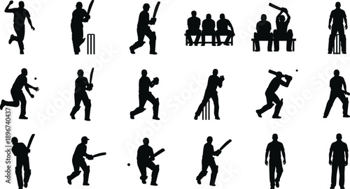 Large collection of cricket player silhouettes showing batting, bowling, fielding, and team moments, representing professional sports action, competition, and athletic performance 