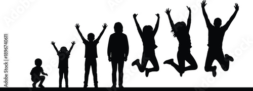 Row of happy children and teenagers silhouettes jumping and raising hands together, showing growth, freedom, and success, isolated on white background for education, motivation, and lifestyle design