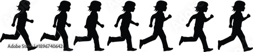 Sequence of running child silhouettes showing motion steps and dynamic movement, representing active lifestyle, speed, and healthy childhood development, isolated on white background for sports 