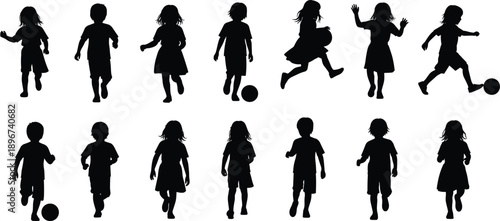 Set of children silhouettes running, playing football, jumping, and moving in different poses, black and 