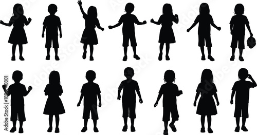 Set of cute children silhouettes in different playful poses isolated on white background, representing childhood, happiness, fun, innocence, education, creativity, and active lifestyle concepts
