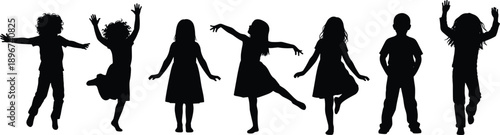 Set of happy children silhouettes dancing, jumping, and playing together, expressing creativity, joy, and active childhood lifestyle, isolated on white background for education, entertainment