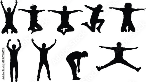 Set of jumping male silhouettes showing energetic movement, freedom and active lifestyle poses, black human figures isolated on white background for fitness and youth concepts