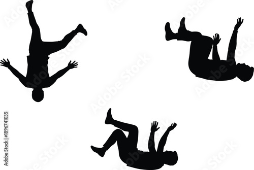 Set of male silhouettes performing aerial flips and falling motions, dynamic men in midair action poses isolated on white background, extreme sports movement gravity and free fall concept illustration