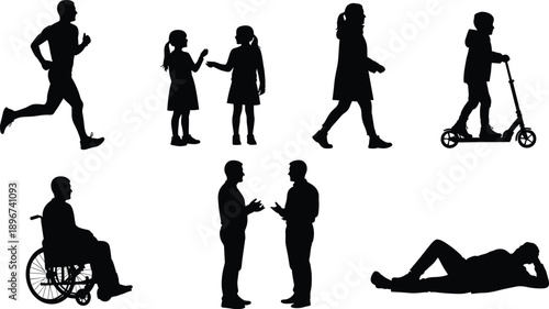 Set of people silhouettes showing daily life activities including running, walking, children playing, scooter riding, wheelchair user, business discussion, 