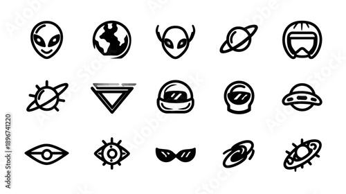 Space and Alien Vector Icons Set. Sci-fi symbols, planets, astronaut helmets, UFOs, and cosmic elements in minimalist line art style.