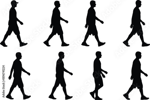 Set of walking man silhouette illustrations in different poses isolated on white background for lifestyle, fitness, urban motion, people movement, animation reference, and design projects