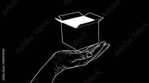 Conceptual white outline illustration: open empty box floating above an outstretched hand, isolated on dark background