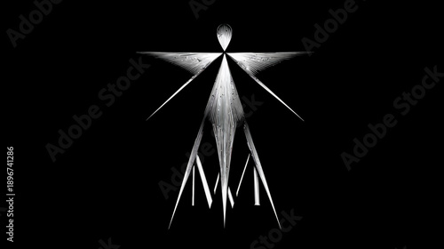 Abstract digital human form glowing with geometric light lines on a dark background, representing futuristic AI or spiritual entity.
