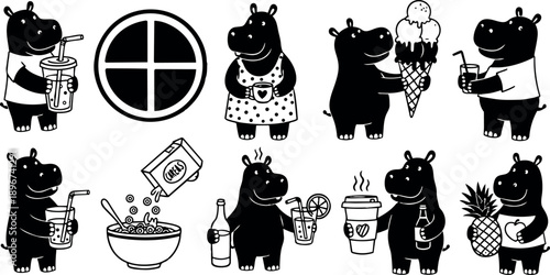 Black and white cartoon hippos drinking beverages eating cereal holding ice cream pineapple and coffee cup collection