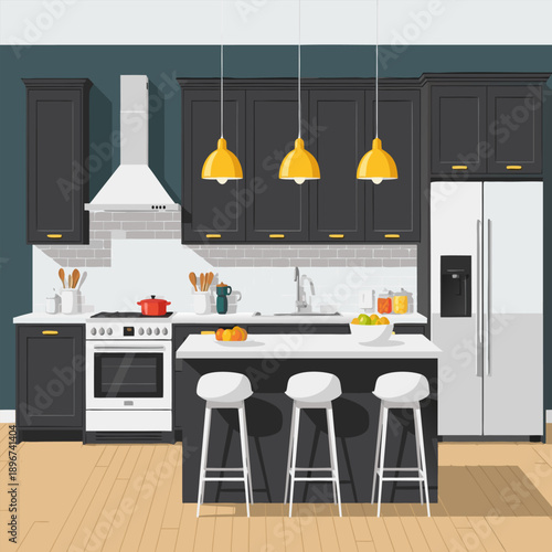 Modern Kitchen Interior Vector Illustration with Island, Cabinets, Lighting, Appliances, Furniture