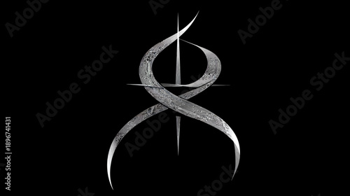 Abstract elegant metallic textured symbol design element on a dark black background, with a mystical and spiritual aesthetic
