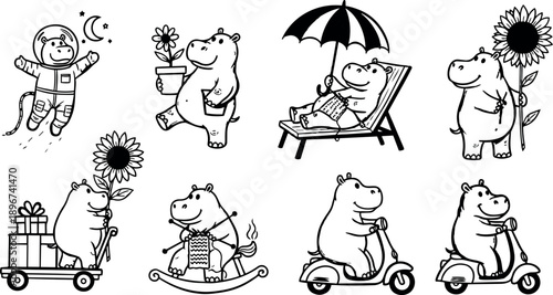 Hand drawn hippos doing various activities including astronaut jumping flower holding knitting scooter riding in black and white line art