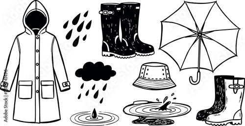Black and white hand drawn raincoat rain boots umbrella raindrops and puddles line art illustration collection