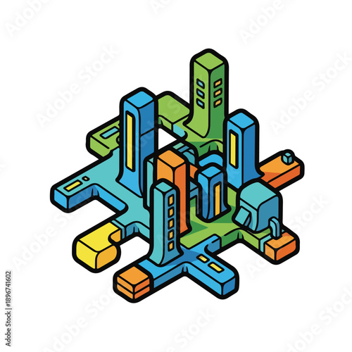 A futuristic cityscape with colorful buildings