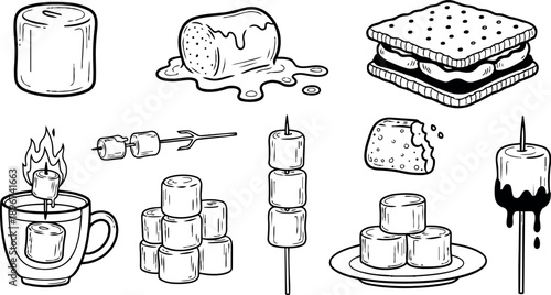 Black and white line art marshmallow illustrations including toasted, melting, skewered, and smores dessert variations