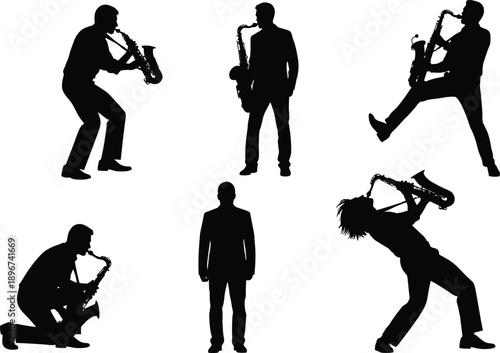 Silhouette saxophone musicians performing jazz music in dynamic poses, isolated black vector figures of male sax players, live concert performance and musical expression