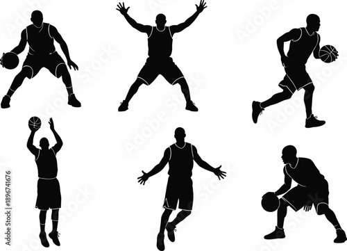 Silhouettes of basketball players in dynamic action poses dribbling, shooting, jumping, and defending, representing sport energy, teamwork, competition, fitness