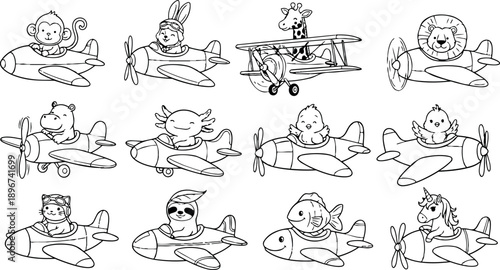 Line art cartoon set of twelve cute different animals flying various airplanes with cheerful expressions and playful style